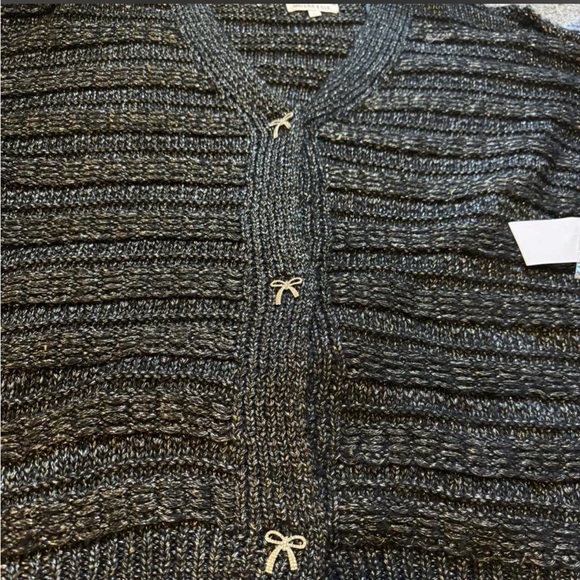 Metallic Black V-Neck Rhinestone  Bow-Button Cardigan - Picture 2 of 7